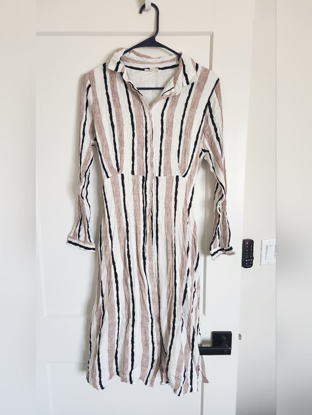 Striped Long Sleeve Shirt Dress in Beige and Black